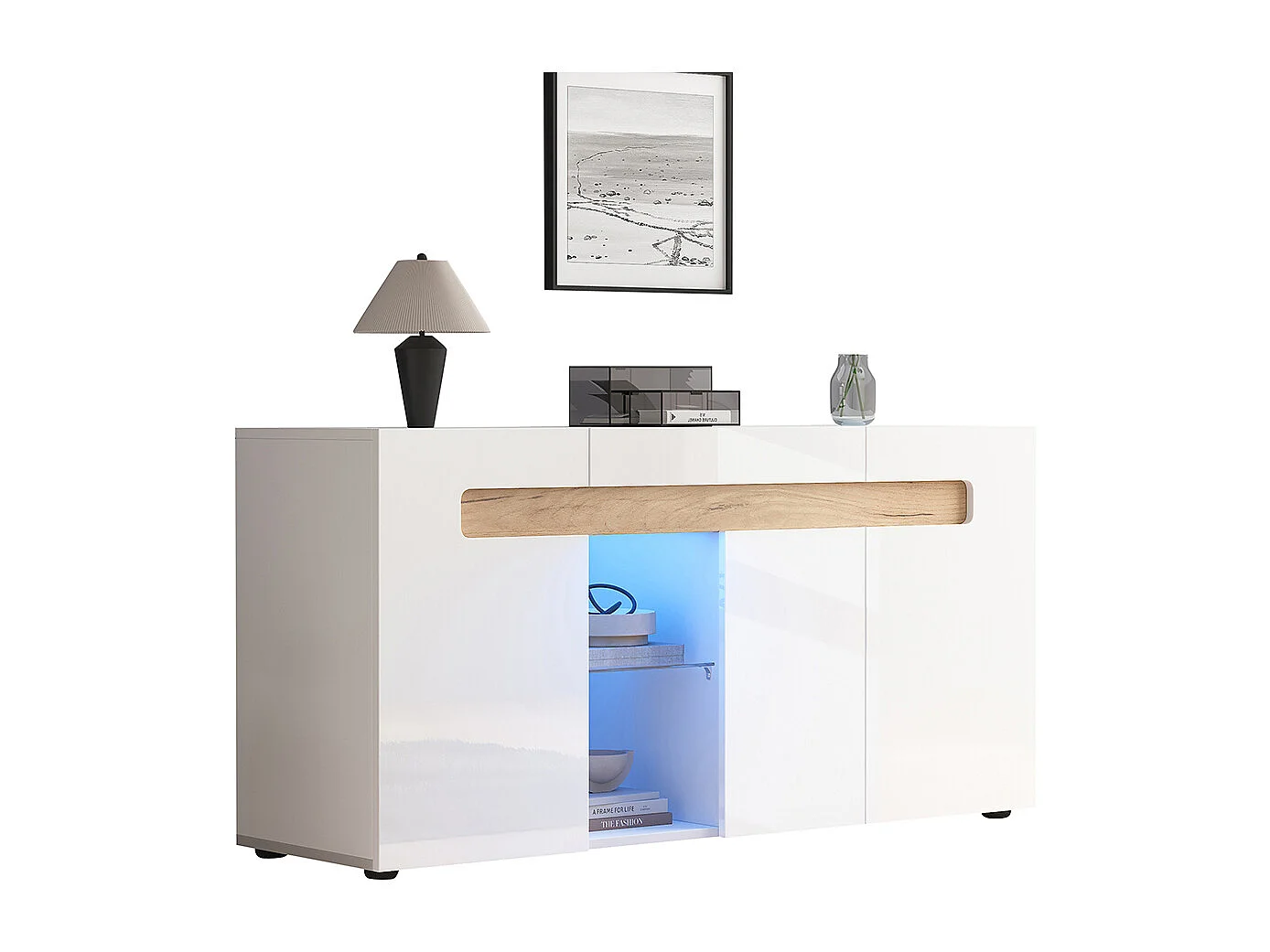 Sideboard 140x40x70 cm modern wit LED-applicatie glazen plank woonkamer