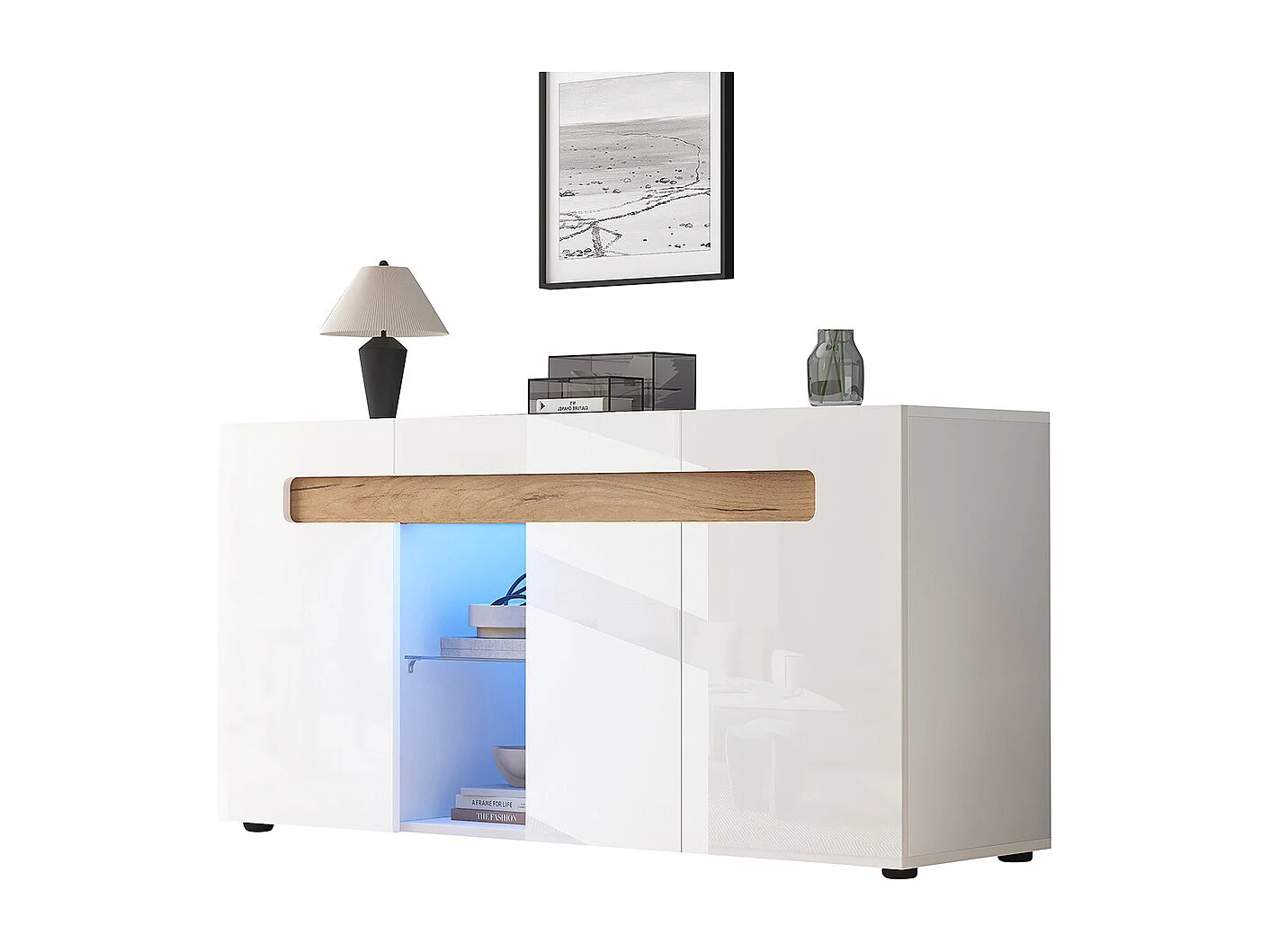 Sideboard 140x40x70 cm modern wit LED-applicatie glazen plank woonkamer