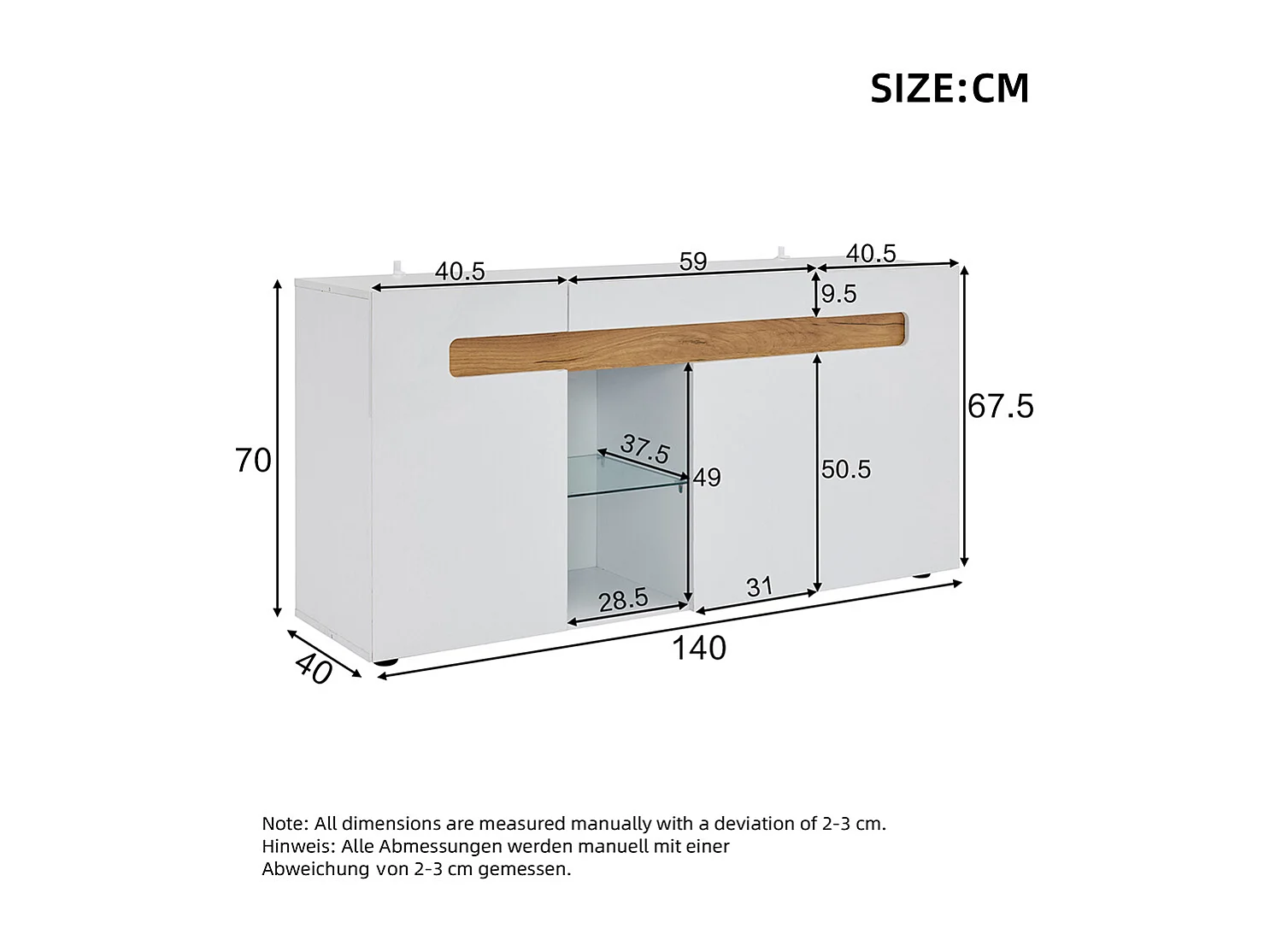 Sideboard 140x40x70 cm modern wit LED-applicatie glazen plank woonkamer