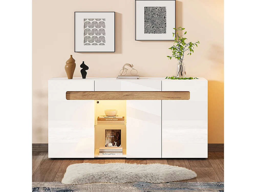 Sideboard 140x40x70 cm modern wit LED-applicatie glazen plank woonkamer