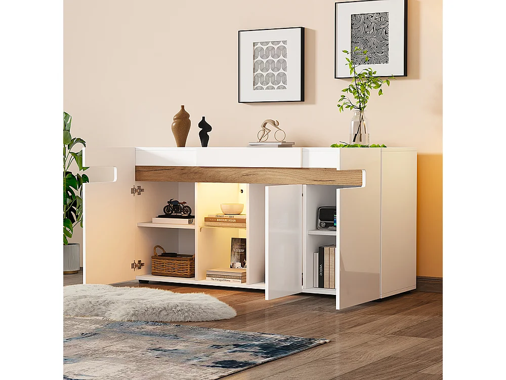 Sideboard 140x40x70 cm modern wit LED-applicatie glazen plank woonkamer