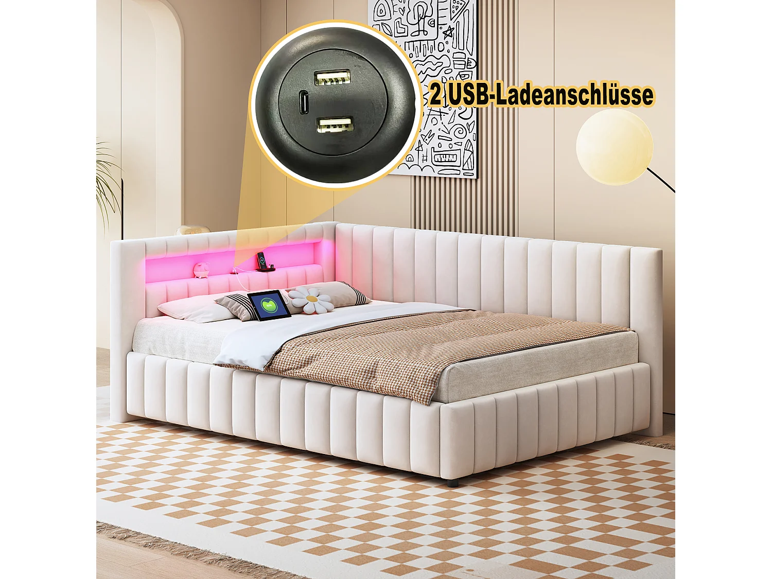 lit rembourré 140 x 200 cm, avec LED et USB, cadre de lit avec sommier à lattes en bois, beige