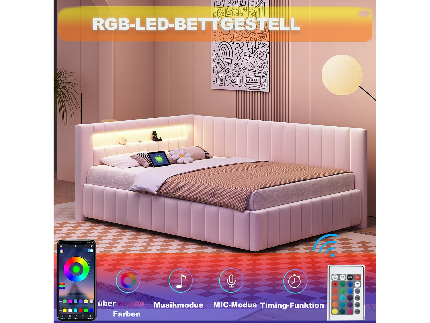 lit rembourré 140 x 200 cm, avec LED et USB, cadre de lit avec sommier à lattes en bois, beige