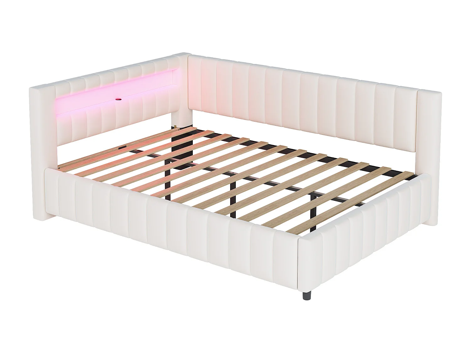 lit rembourré 140 x 200 cm, avec LED et USB, cadre de lit avec sommier à lattes en bois, beige