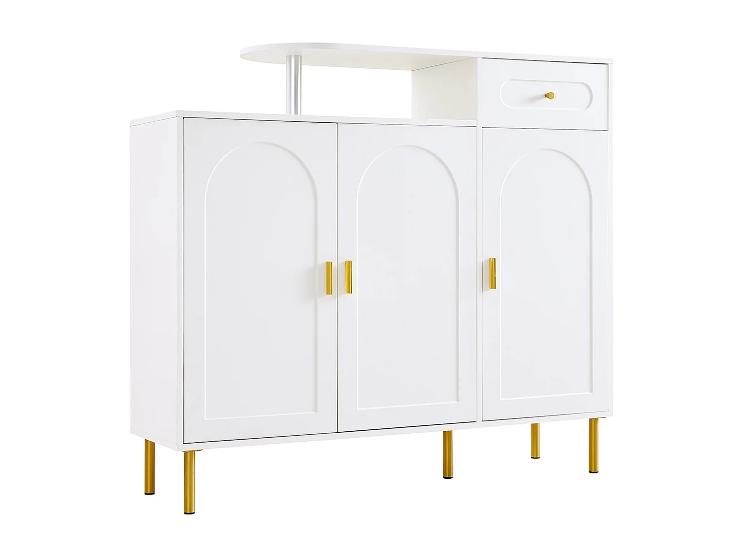Buffet blanc commode meuble à chaussures poignées métalliques 1 tiroir 3 portes pieds métalliques