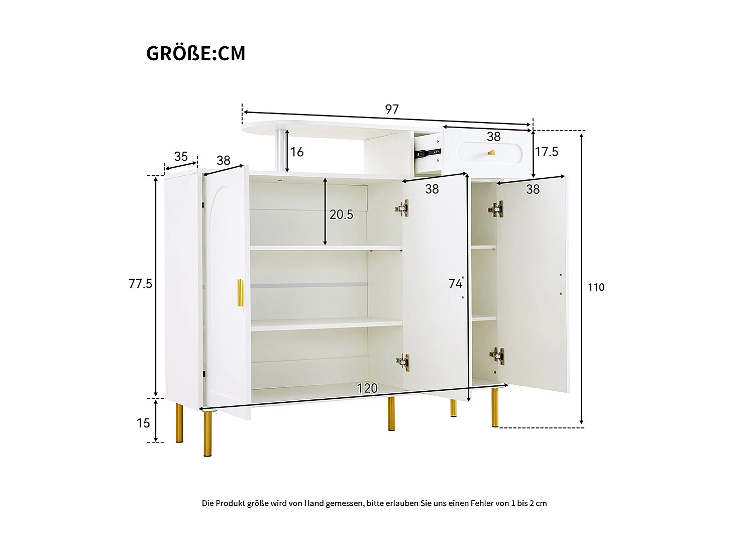 Buffet blanc commode meuble à chaussures poignées métalliques 1 tiroir 3 portes pieds métalliques