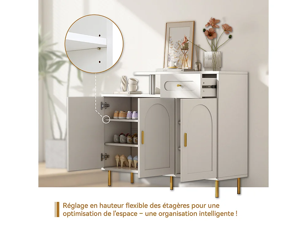 Buffet blanc commode meuble à chaussures poignées métalliques 1 tiroir 3 portes pieds métalliques