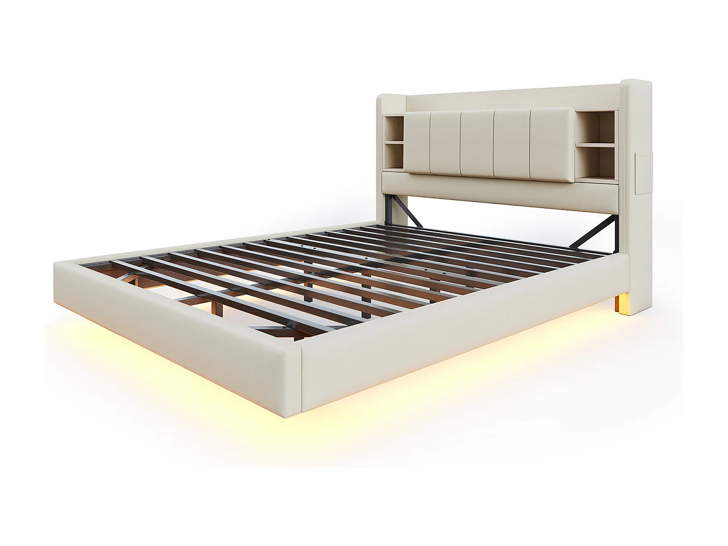 Cama estofada, 160 x 200 cm, multifuncional, com luz LED e interface USB, estrutura metálica, bege