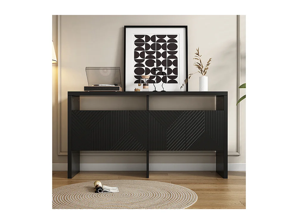 Buffet noir commode meuble d'entrée 2 compartiments ouverts 4 portes