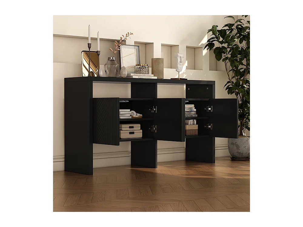 Buffet noir commode meuble d'entrée 2 compartiments ouverts 4 portes