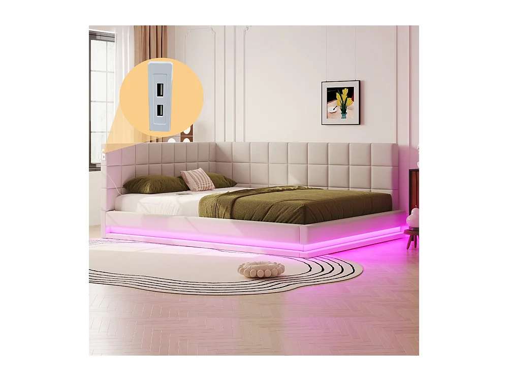 LIt double rembourré 160x200 avec bande lumineuse LED prise USB et sommier à lattes tissu velours agréable au toucher beige