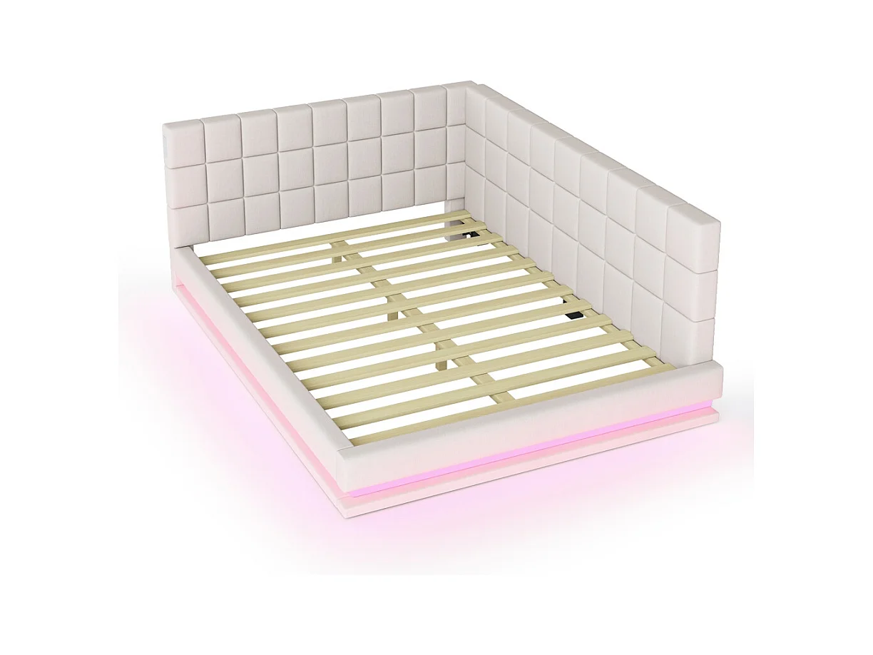 LIt double rembourré 160x200 avec bande lumineuse LED prise USB et sommier à lattes tissu velours agréable au toucher beige