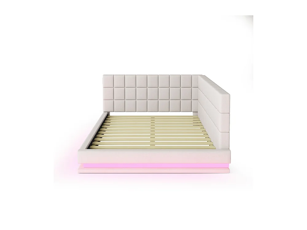 LIt double rembourré 160x200 avec bande lumineuse LED prise USB et sommier à lattes tissu velours agréable au toucher beige