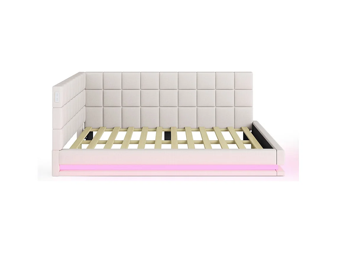 LIt double rembourré 160x200 avec bande lumineuse LED prise USB et sommier à lattes tissu velours agréable au toucher beige