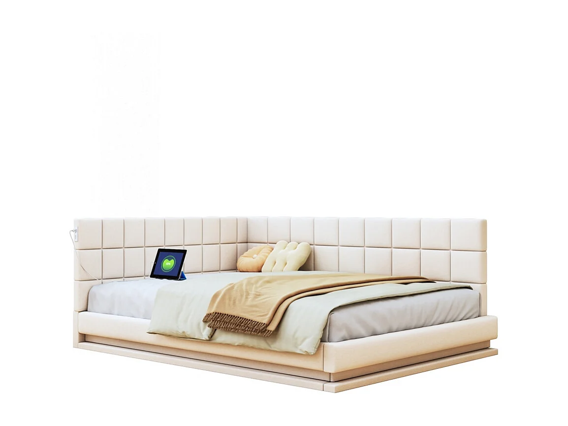 LIt double rembourré 160x200 avec bande lumineuse LED prise USB et sommier à lattes tissu velours agréable au toucher beige