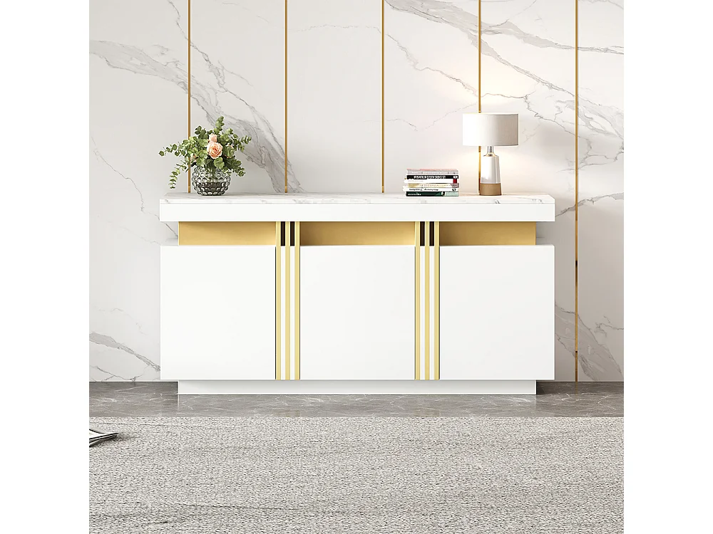 Dressoir 140x38x70 cm wit modern 3 deuren verstelbare schotten platina zonder handgrepen