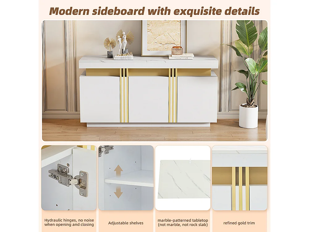 Dressoir 140x38x70 cm wit modern 3 deuren verstelbare schotten platina zonder handgrepen