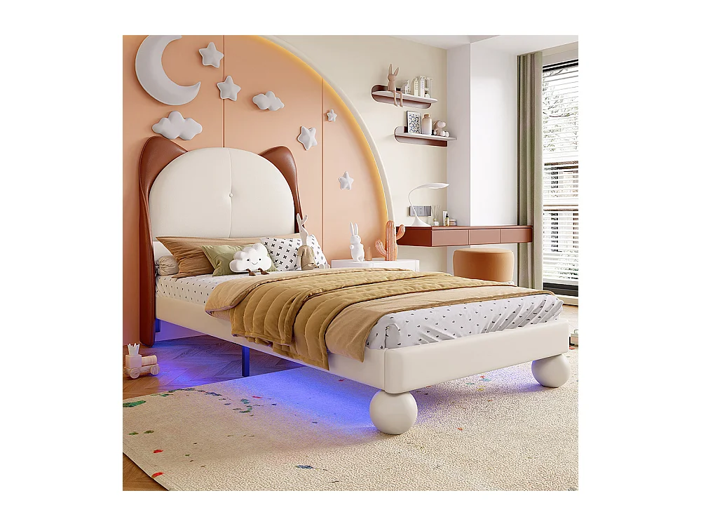 Lit enfant rembourré 90x200 tête de lit oreilles de chat bande LED sous le lit couleur personnalisable sommier lattes stable PU beige et brun jaune