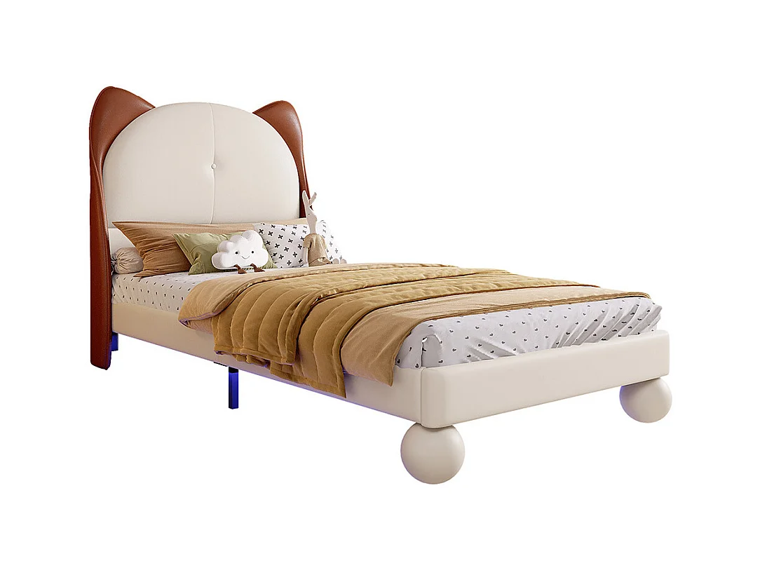Lit enfant rembourré 90x200 tête de lit oreilles de chat bande LED sous le lit couleur personnalisable sommier lattes stable PU beige et brun jaune