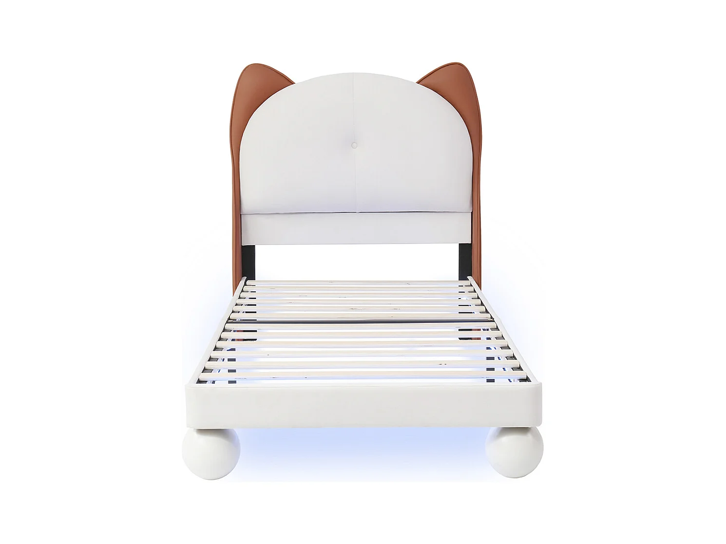 Lit enfant rembourré 90x200 tête de lit oreilles de chat bande LED sous le lit couleur personnalisable sommier lattes stable PU beige et brun jaune