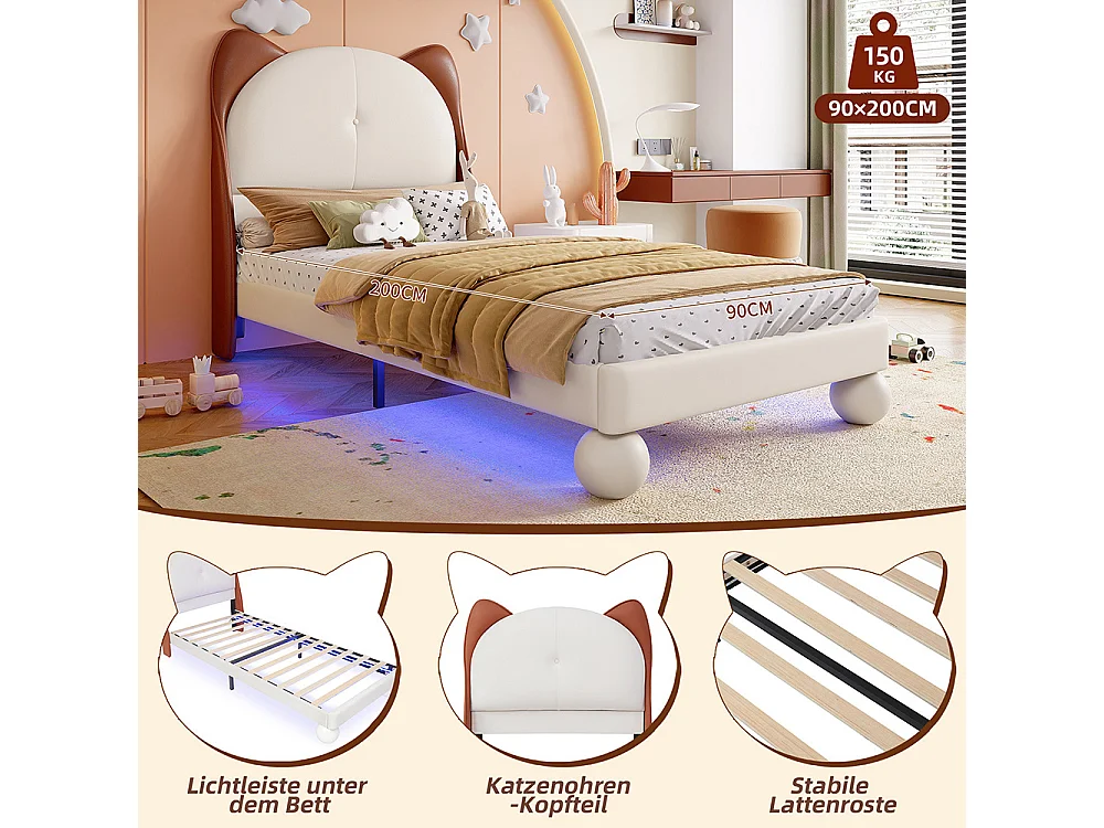 Lit enfant rembourré 90x200 tête de lit oreilles de chat bande LED sous le lit couleur personnalisable sommier lattes stable PU beige et brun jaune