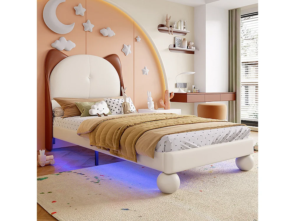 Lit enfant rembourré 90x200 tête de lit oreilles de chat bande LED sous le lit couleur personnalisable sommier lattes stable PU beige et brun jaune