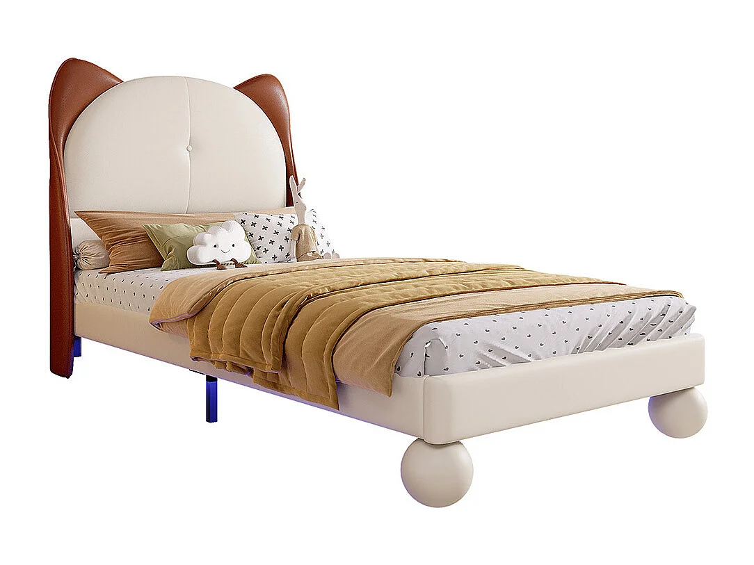 Lit enfant rembourré 90x200 tête de lit oreilles de chat bande LED sous le lit couleur personnalisable sommier lattes stable PU beige et brun jaune