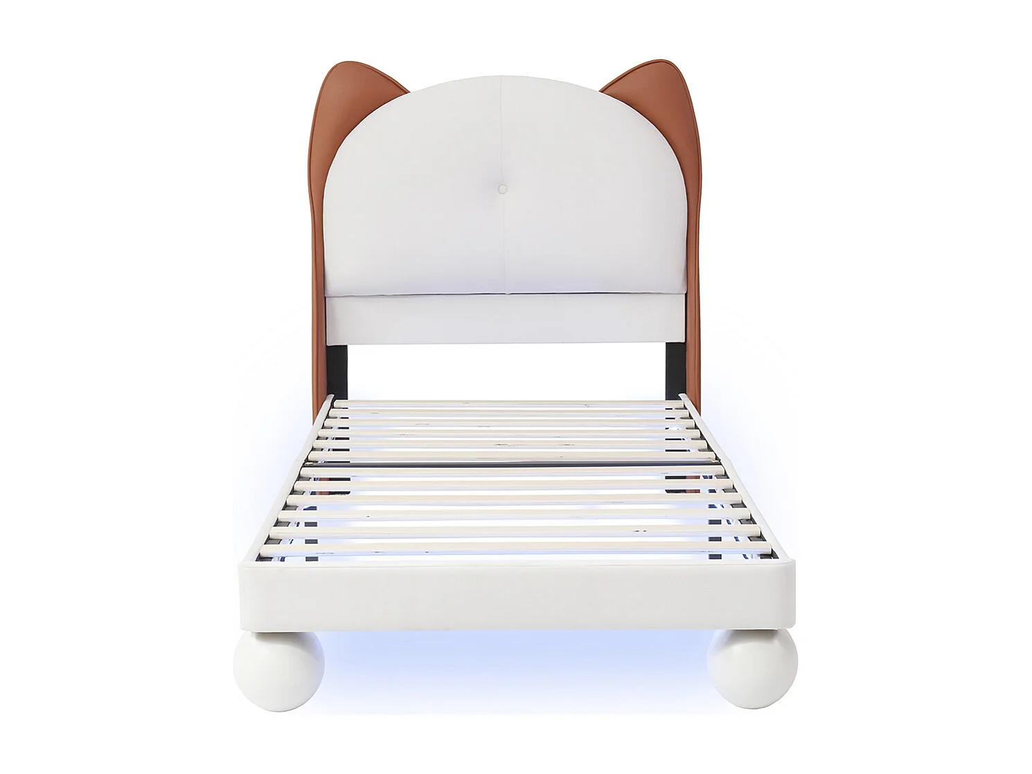 Lit enfant rembourré 90x200 tête de lit oreilles de chat bande LED sous le lit couleur personnalisable sommier lattes stable PU beige et brun jaune