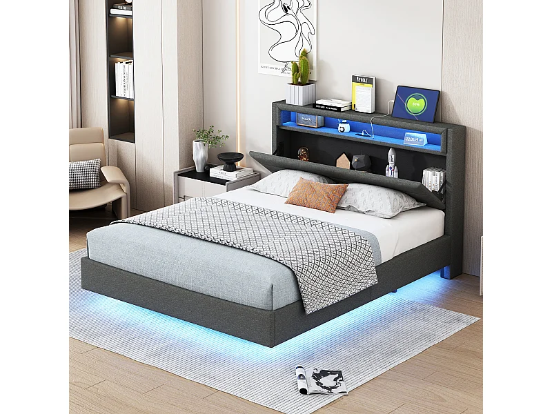 Cama tapizada 140×200cm, con toma USB e iluminación LED, compartimento de almacenaje, patas ocultas, lino, gris