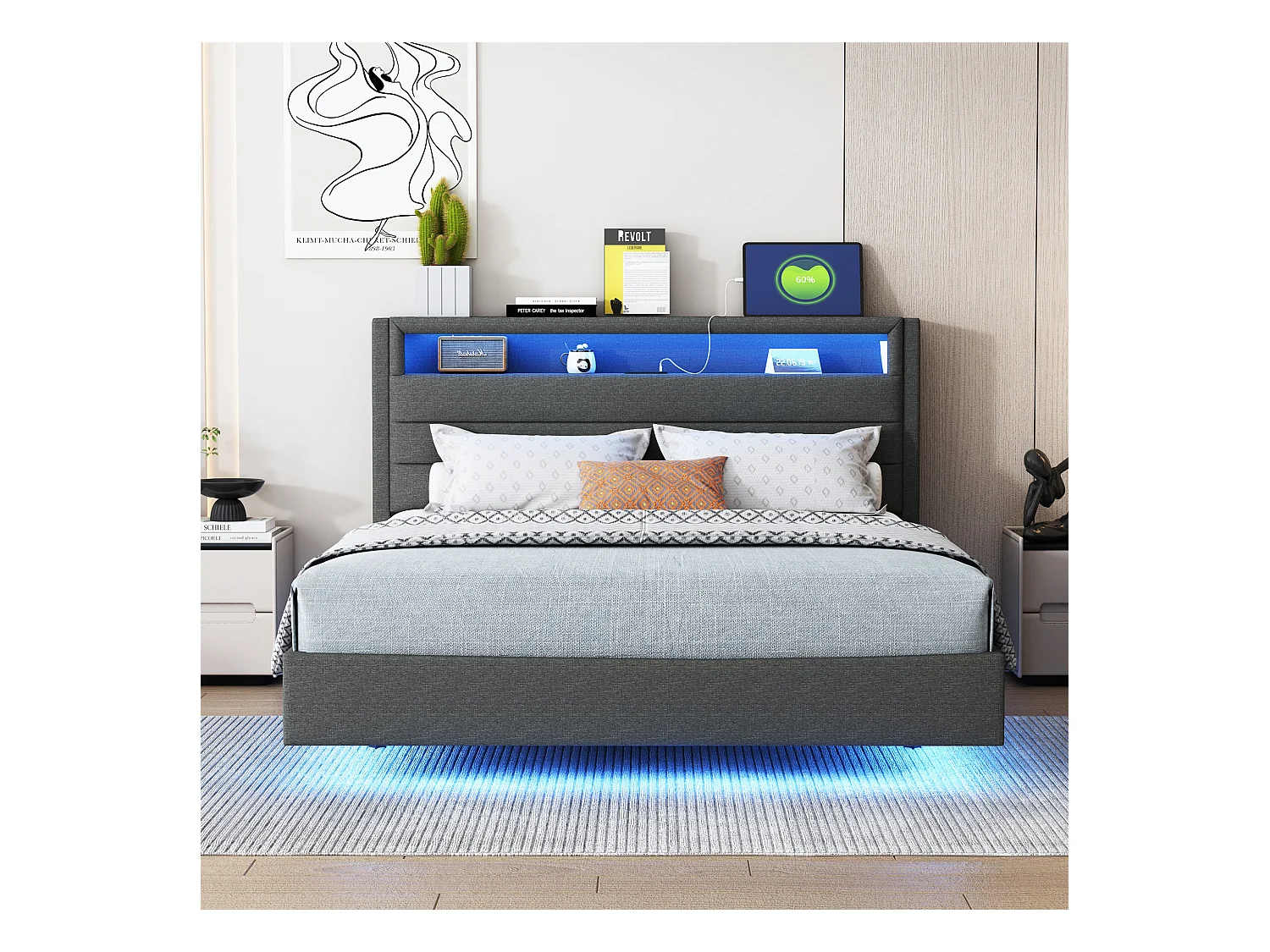 Lit capitonné 140×200cm, avec Prise USB et éclairage LED, Rangement Chevet, Pieds cachés, Lin, Gris