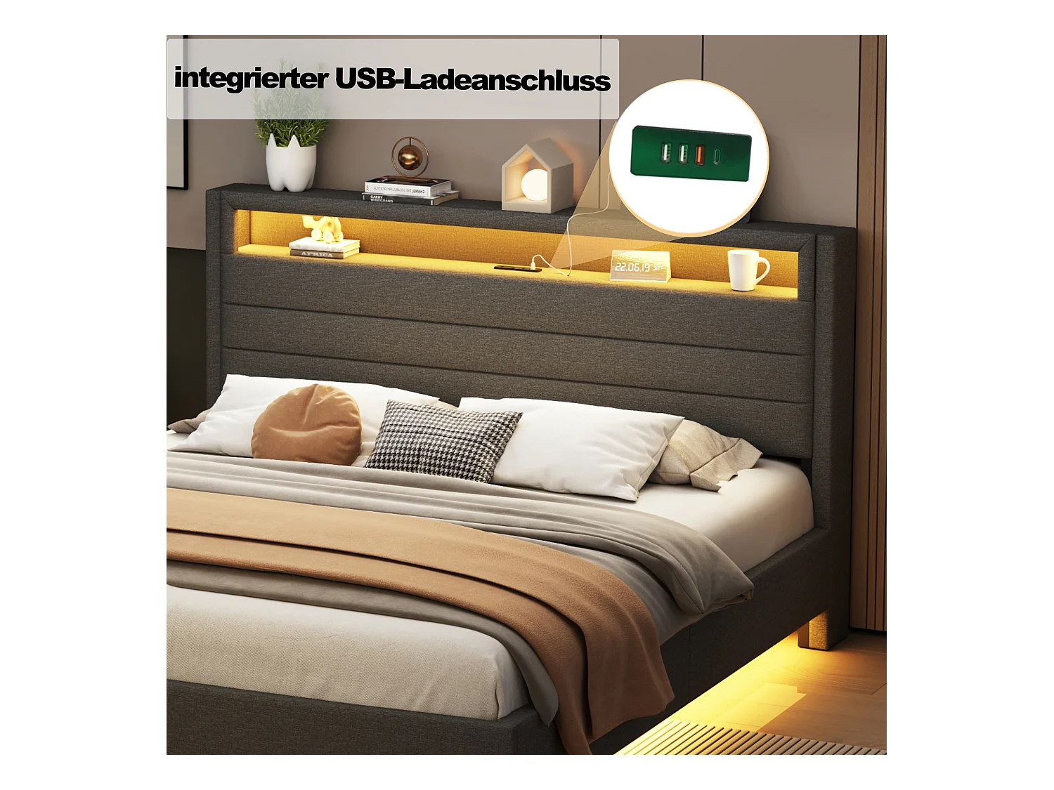 Lit capitonné 140×200cm, avec Prise USB et éclairage LED, Rangement Chevet, Pieds cachés, Lin, Gris