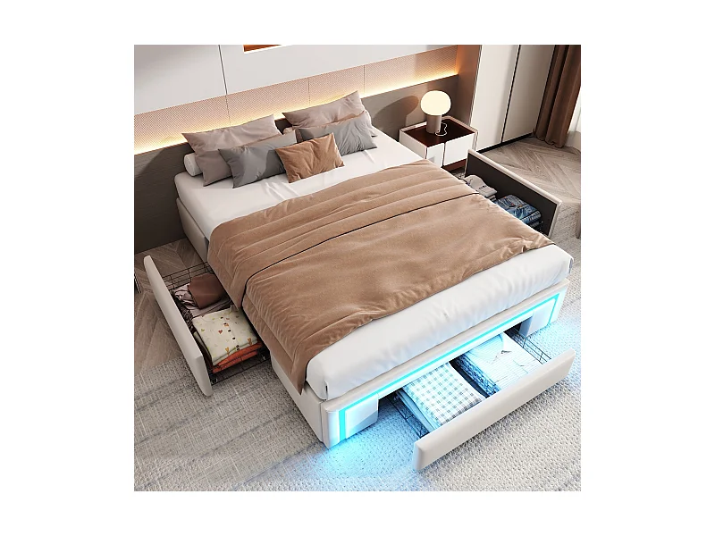 lit avec rangement 140x200 avec tiroirs lit en cuir PU sans tête de lit Avec bandeau lumineux LED sommier à lattes métalliques beige