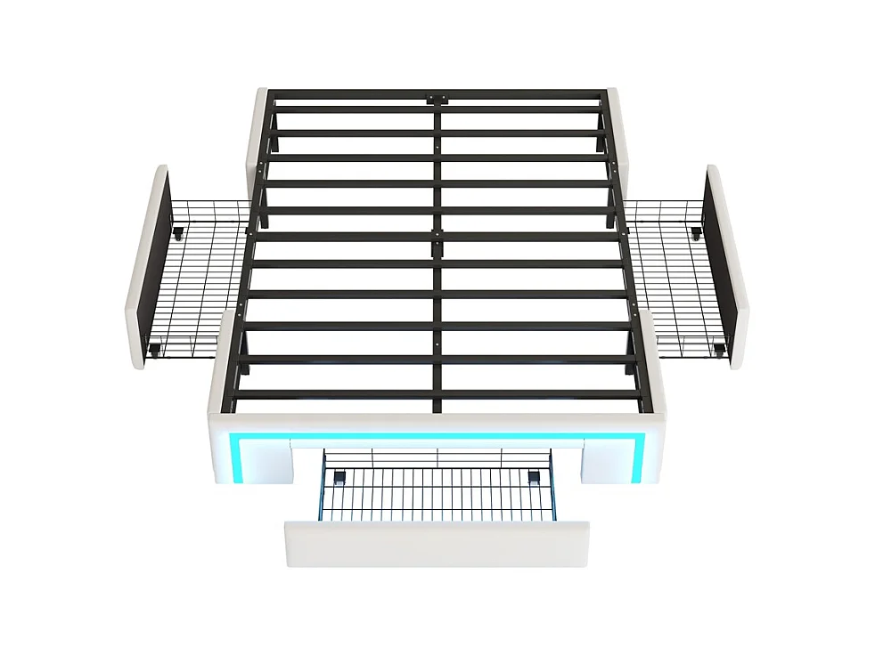 lit avec rangement 140x200 avec tiroirs lit en cuir PU sans tête de lit Avec bandeau lumineux LED sommier à lattes métalliques beige