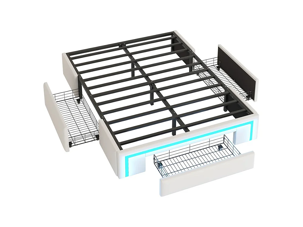 lit avec rangement 140x200 avec tiroirs lit en cuir PU sans tête de lit Avec bandeau lumineux LED sommier à lattes métalliques beige