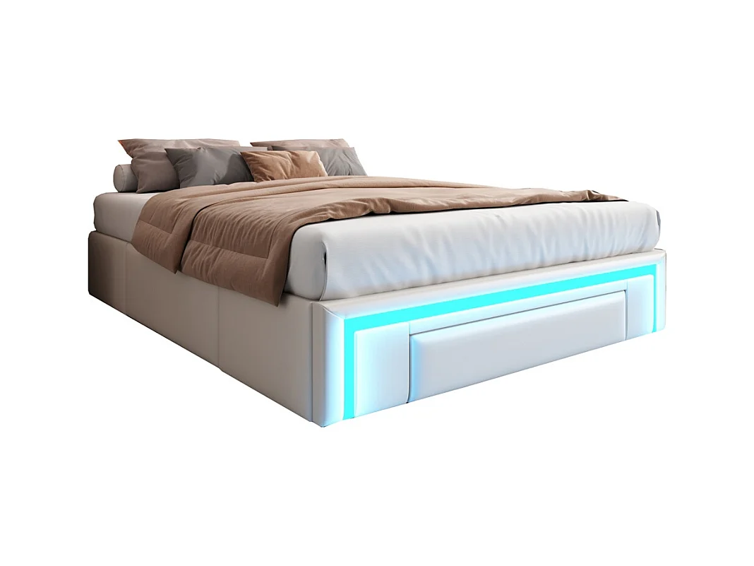 lit avec rangement 140x200 avec tiroirs lit en cuir PU sans tête de lit Avec bandeau lumineux LED sommier à lattes métalliques beige