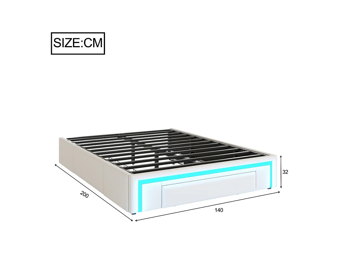 lit avec rangement 140x200 avec tiroirs lit en cuir PU sans tête de lit Avec bandeau lumineux LED sommier à lattes métalliques beige