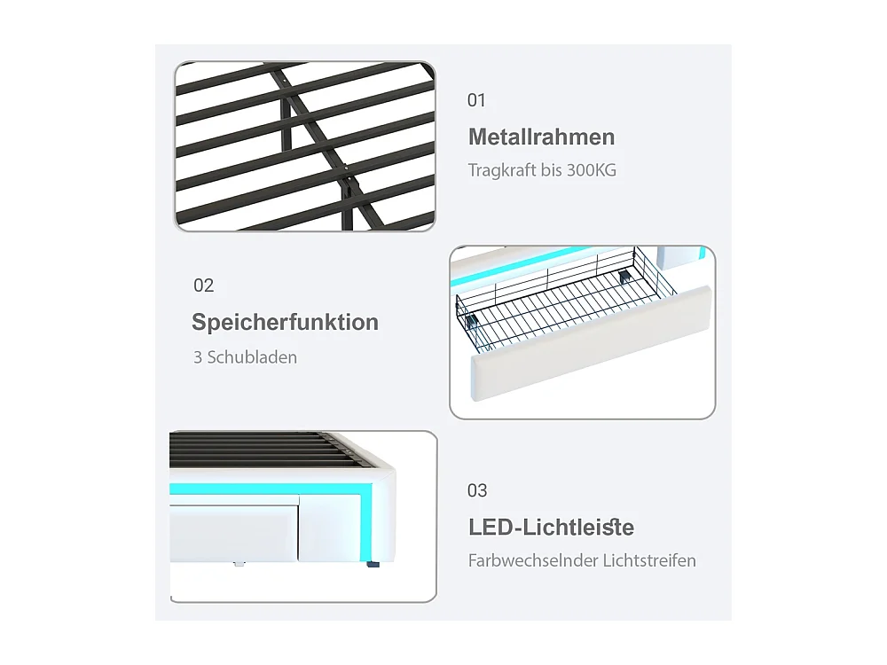 lit avec rangement 140x200 avec tiroirs lit en cuir PU sans tête de lit Avec bandeau lumineux LED sommier à lattes métalliques beige