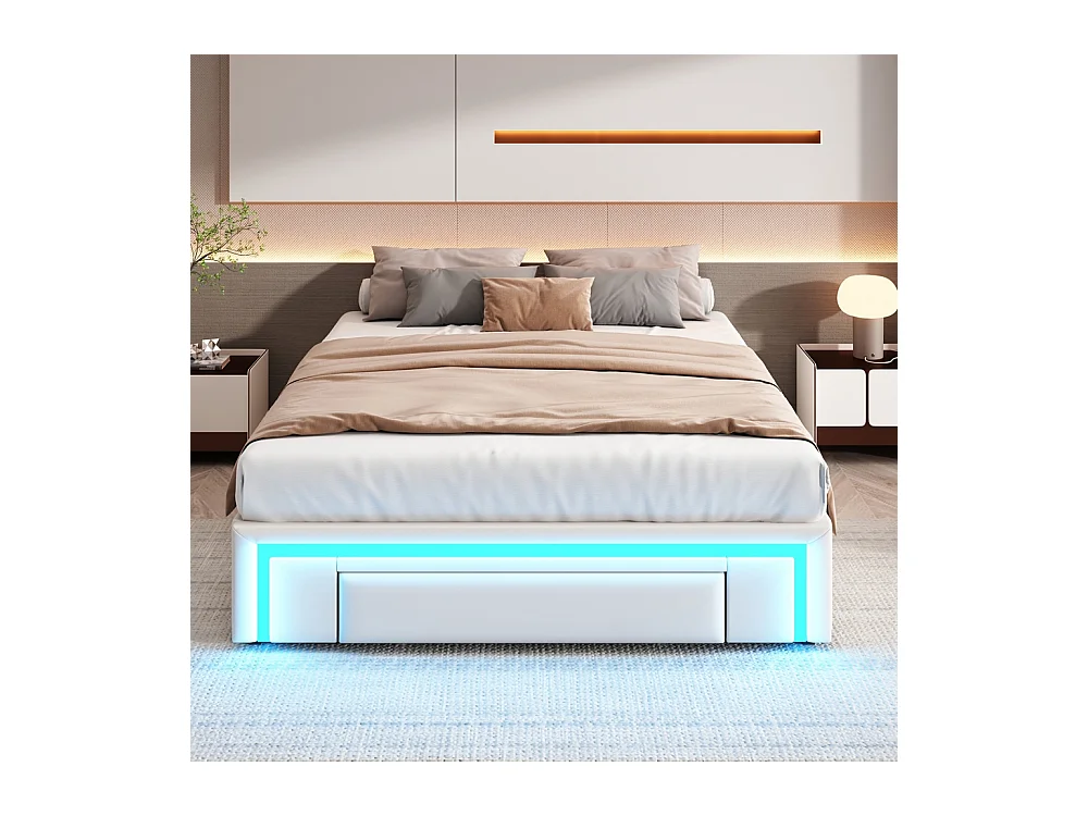 lit avec rangement 140x200 avec tiroirs lit en cuir PU sans tête de lit Avec bandeau lumineux LED sommier à lattes métalliques beige
