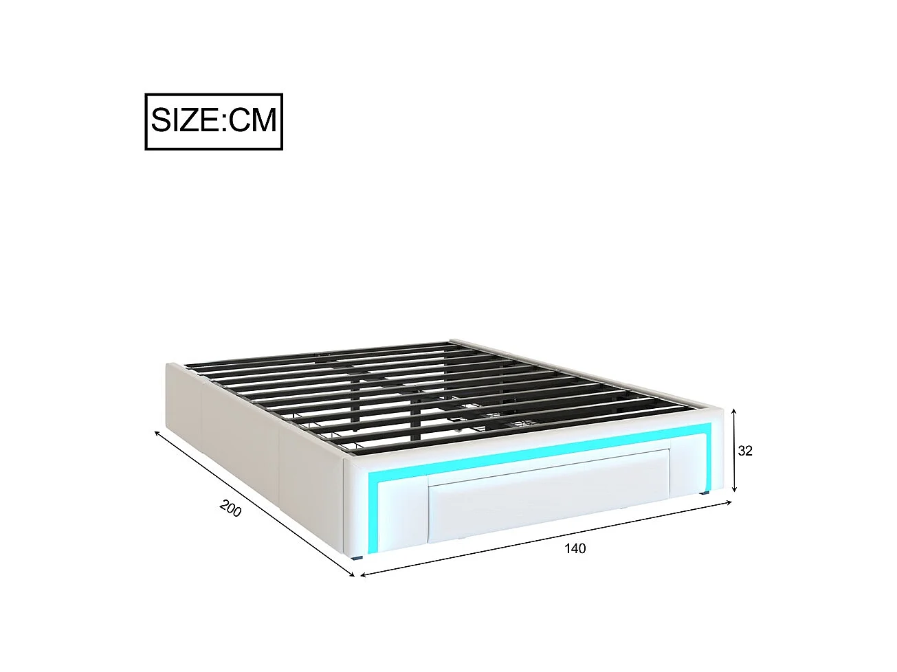 lit avec rangement 140x200 avec tiroirs lit en cuir PU sans tête de lit Avec bandeau lumineux LED sommier à lattes métalliques beige