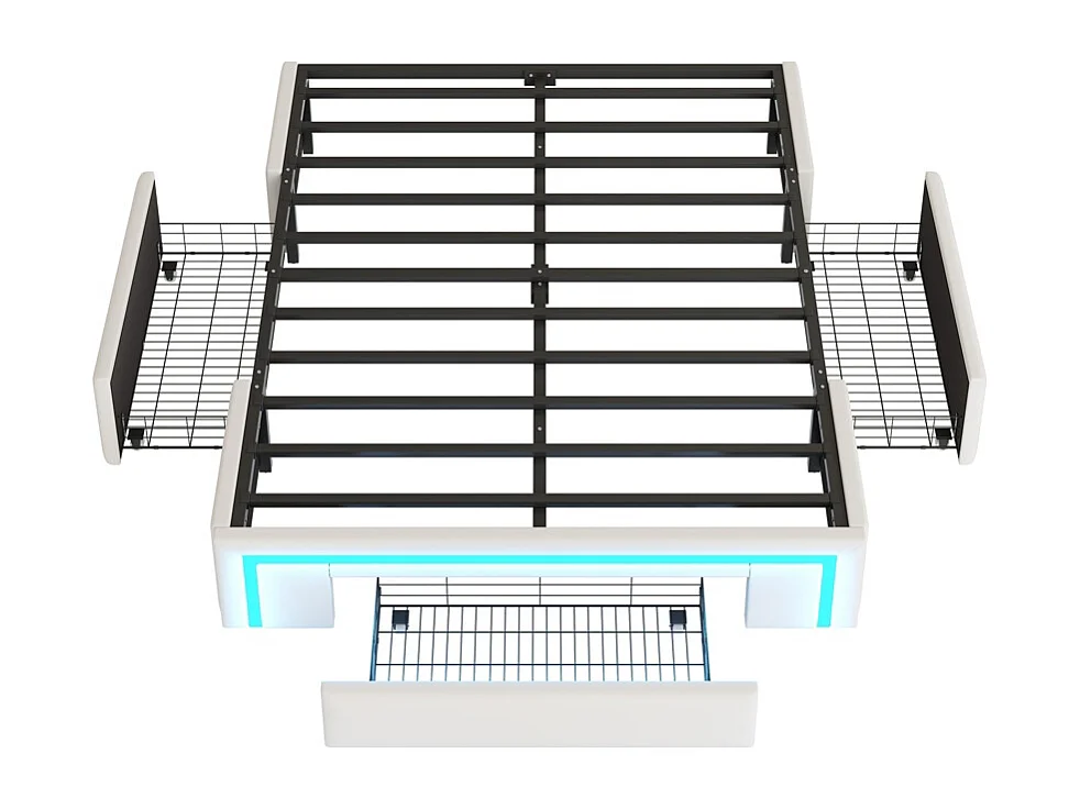 lit avec rangement 140x200 avec tiroirs lit en cuir PU sans tête de lit Avec bandeau lumineux LED sommier à lattes métalliques beige