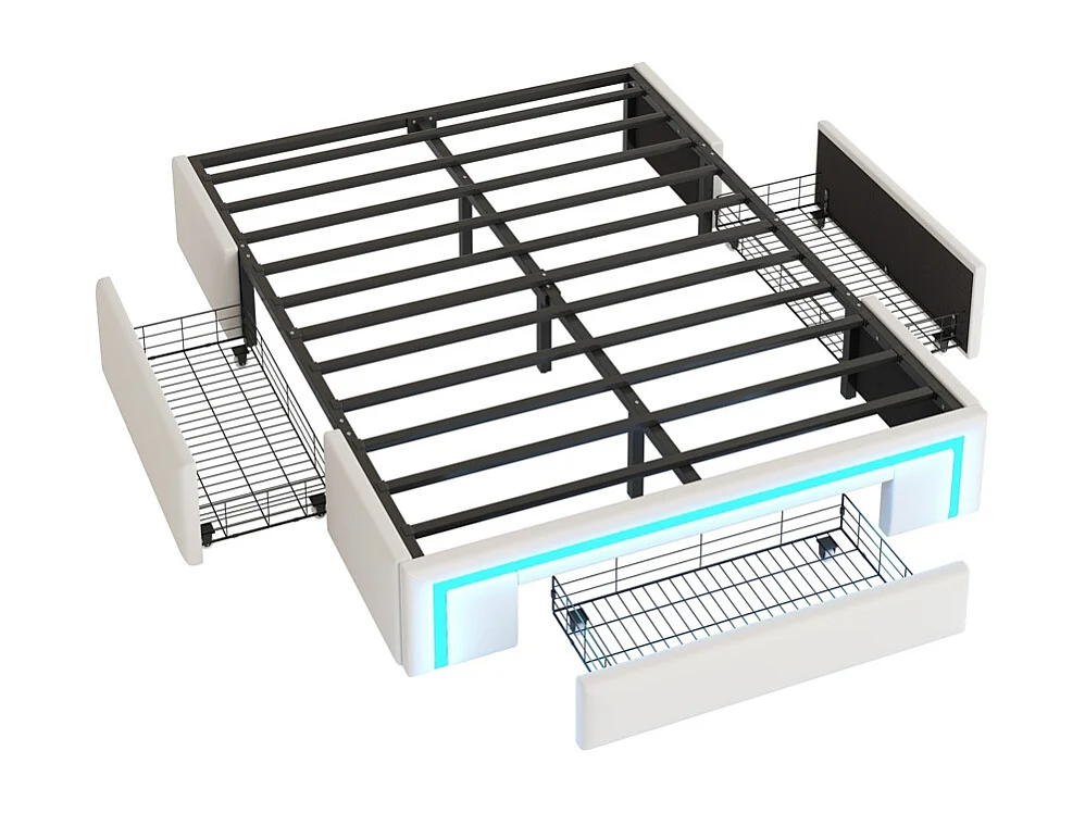 lit avec rangement 140x200 avec tiroirs lit en cuir PU sans tête de lit Avec bandeau lumineux LED sommier à lattes métalliques beige