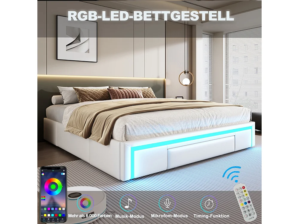 lit avec rangement 140x200 avec tiroirs lit en cuir PU sans tête de lit Avec bandeau lumineux LED sommier à lattes métalliques beige