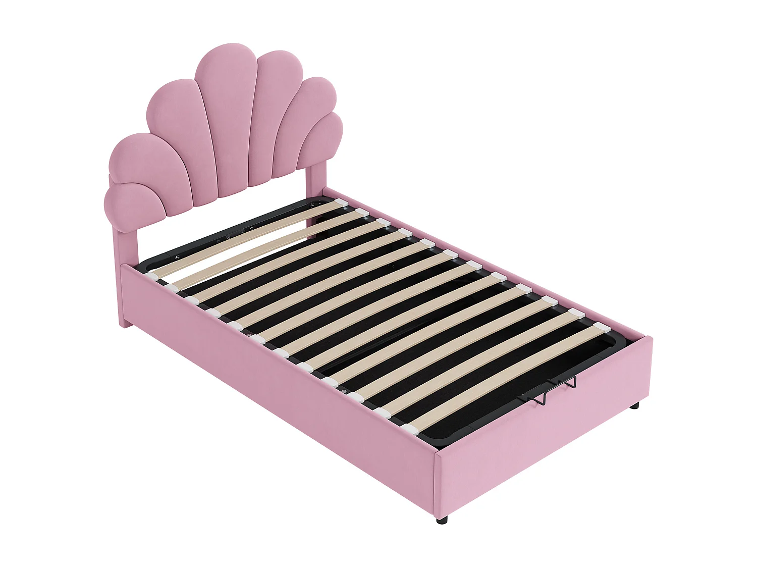 Letto contenitore 140x200 cm, con rete a doghe, matrimoniale, tessuto in velluto delicato sulla pelle, rosa