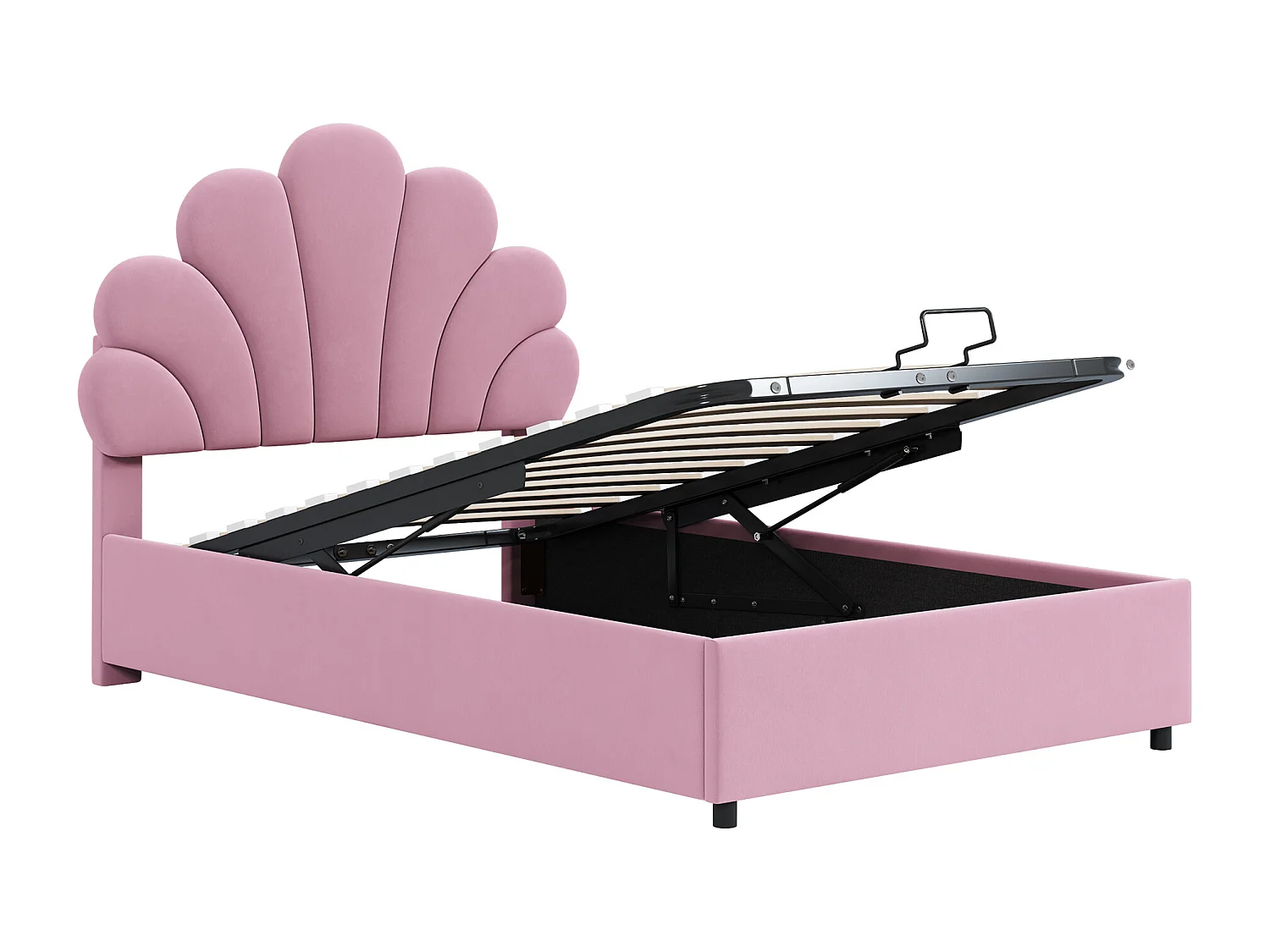 Letto contenitore 140x200 cm, con rete a doghe, matrimoniale, tessuto in velluto delicato sulla pelle, rosa