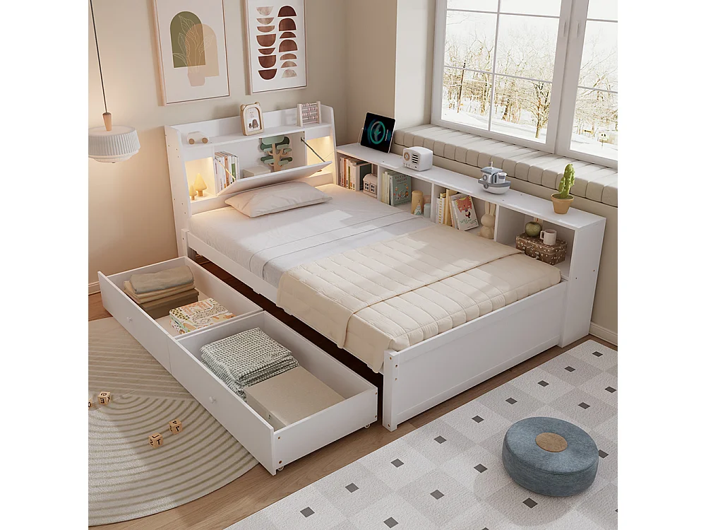 lit avec rangement 90x200 panneaux tête rangement 2 lampes prise recharge armoires tiroirs pin blanc