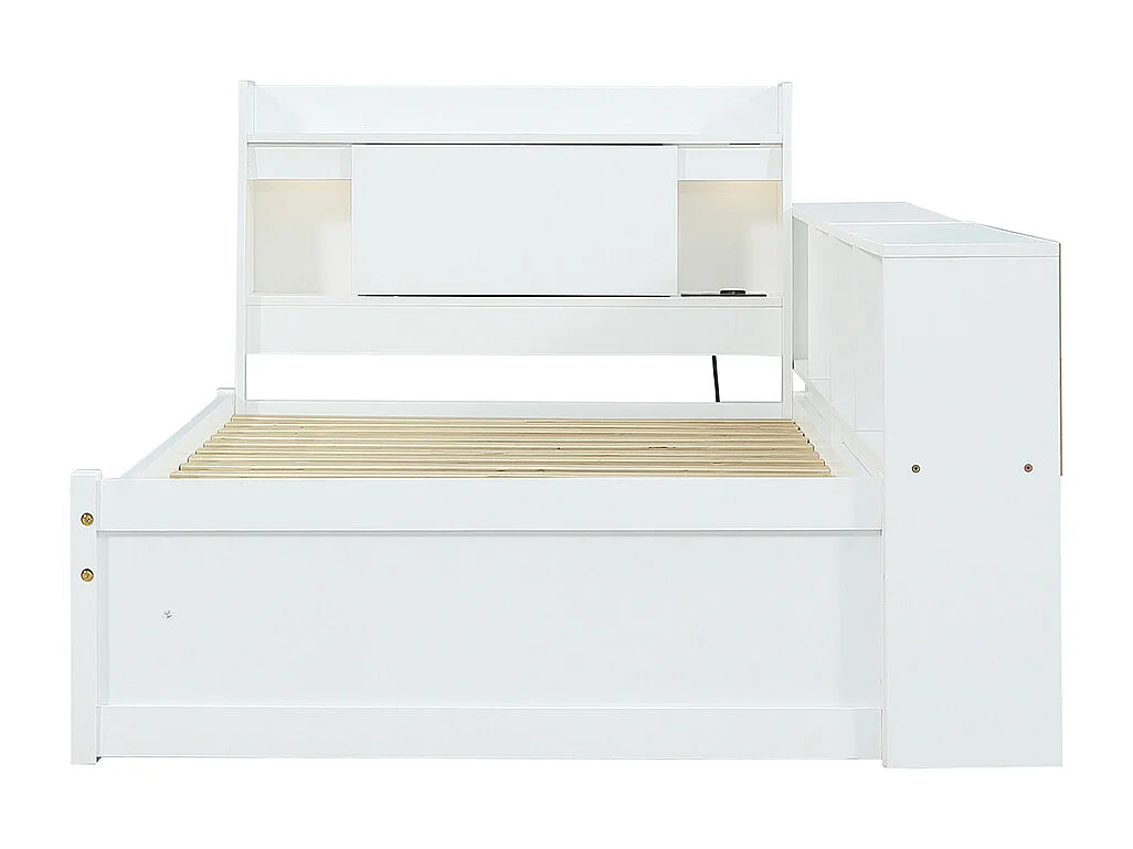 lit avec rangement 90x200 panneaux tête rangement 2 lampes prise recharge armoires tiroirs pin blanc