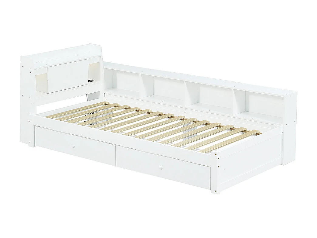 lit avec rangement 90x200 panneaux tête rangement 2 lampes prise recharge armoires tiroirs pin blanc