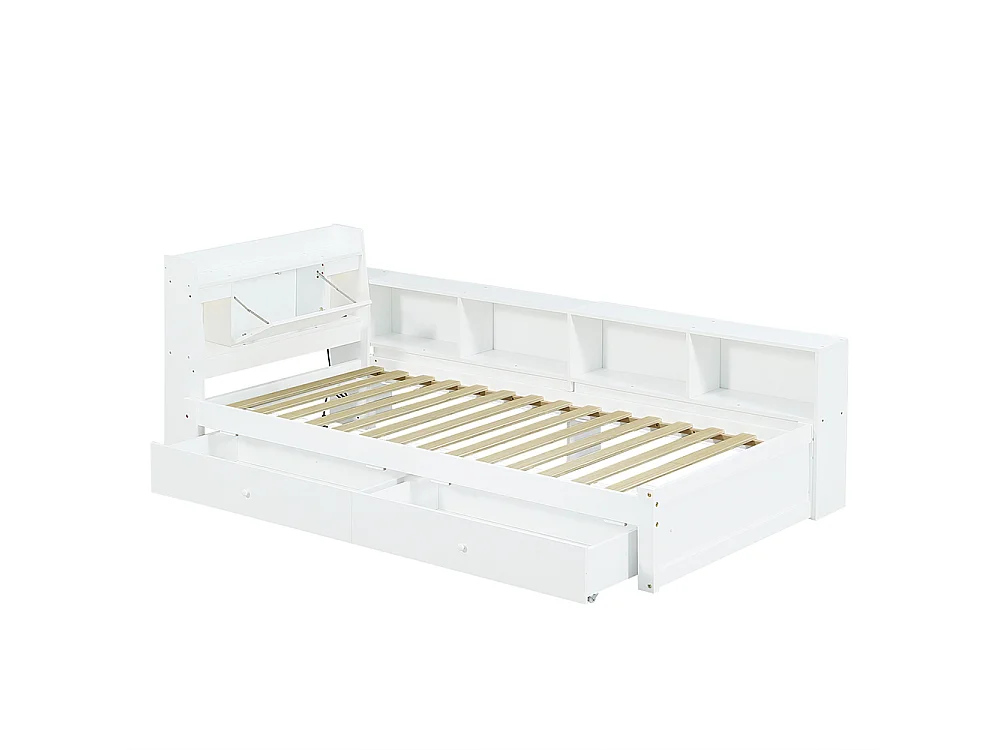 lit avec rangement 90x200 panneaux tête rangement 2 lampes prise recharge armoires tiroirs pin blanc