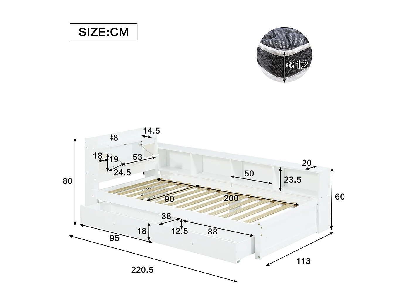 lit avec rangement 90x200 panneaux tête rangement 2 lampes prise recharge armoires tiroirs pin blanc