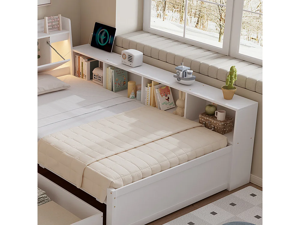 lit avec rangement 90x200 panneaux tête rangement 2 lampes prise recharge armoires tiroirs pin blanc